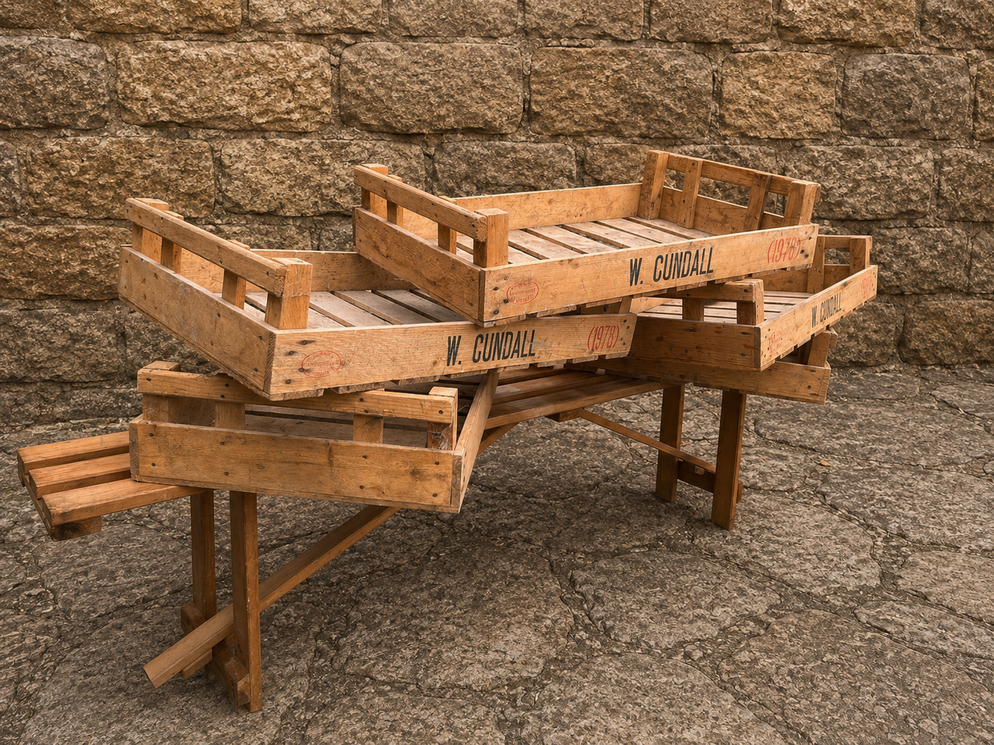 Set of 5 Original W. Cundall Market Crates c.1978 | Vintage Wooden Produce Crates