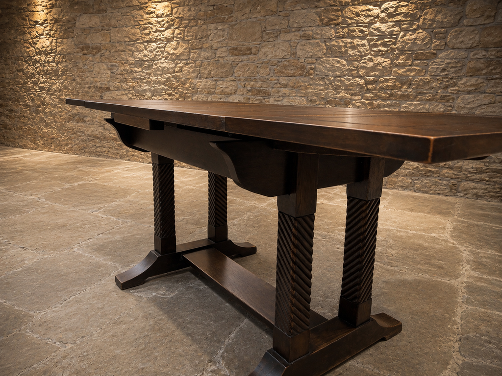 Vintage Dark Oak Extending Dining Table – Jacobean Style Carved Refectory Table