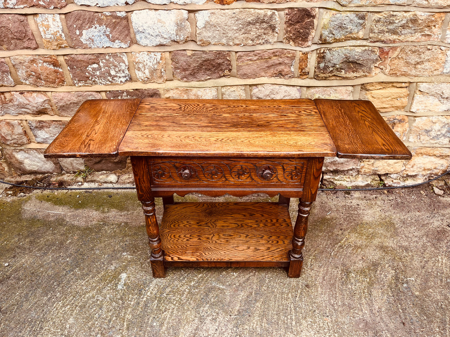 Vintage Solid Oak Drop-Leaf Side Table with Carved Detail & Lower Shelf