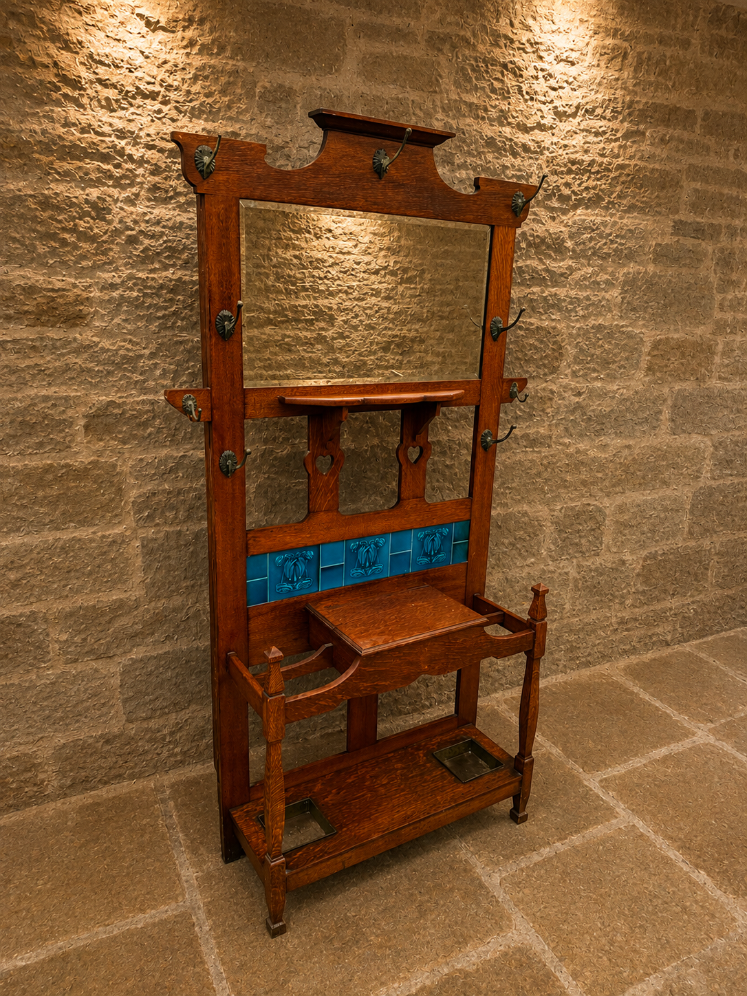 Antique Arts & Crafts Oak Hall Stand with Art Nouveau Tiles & Mirror – c.1900