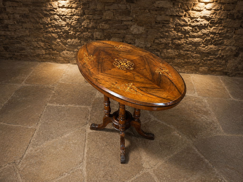Victorian Burr Walnut Marquetry Centre Table | Antique Oval Walnut Occasional Table | English Circa 1860–1880