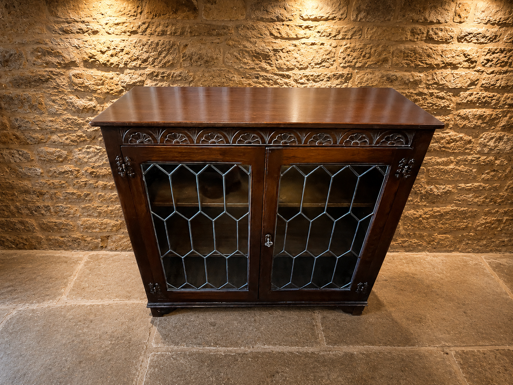 Vintage Oak Leaded Glass Display Cabinet | Gothic Revival Bookcase | Drinks Cabinet
