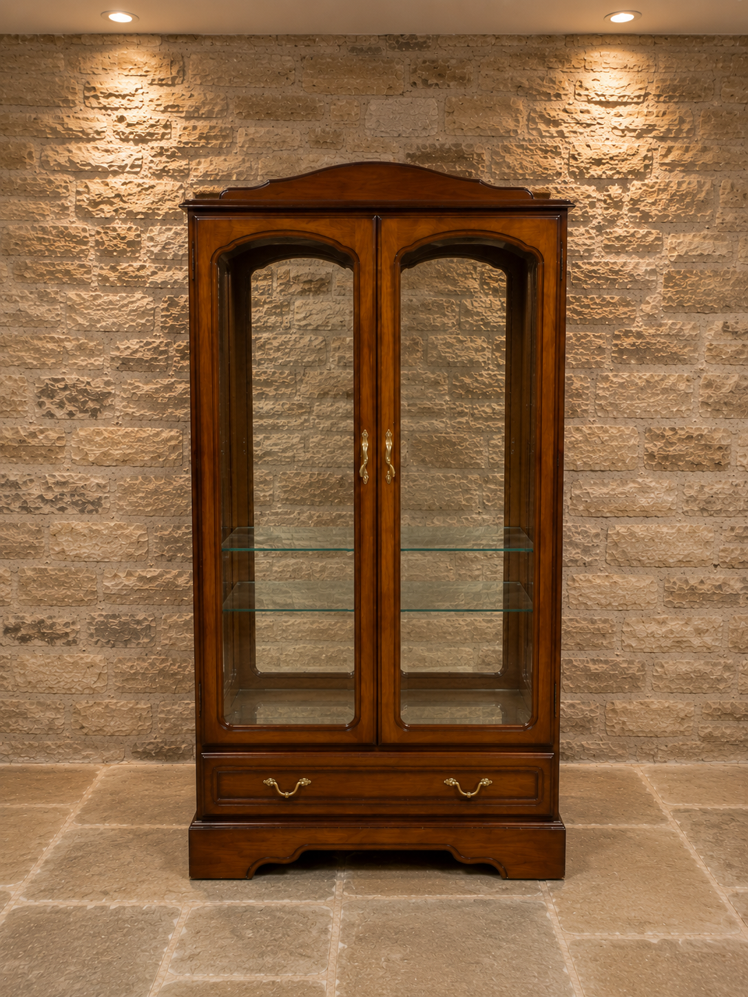 Vintage Mahogany Display Cabinet – Glazed China Cabinet with Glass Shelves & Storage Drawer