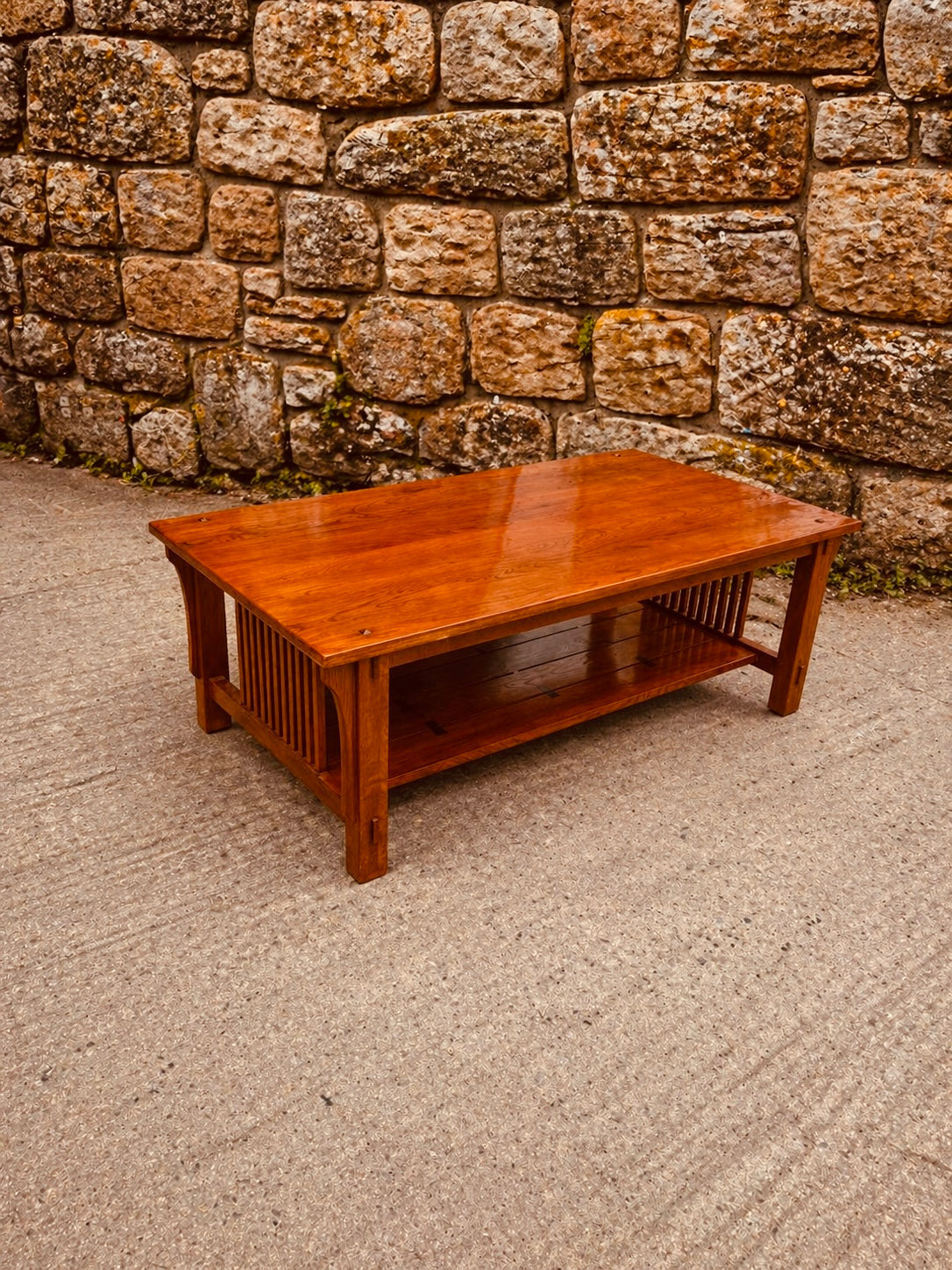 Arts & Crafts Oak Coffee Table – Mission Style with Slatted Sides & Lower Shelf