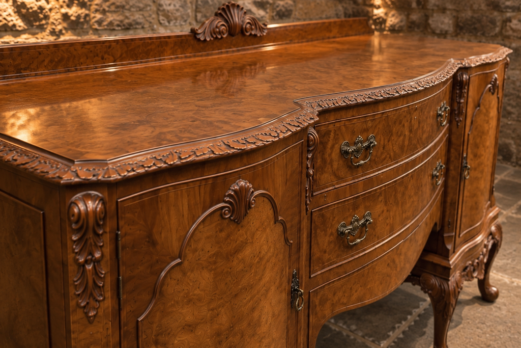 Vintage Queen Anne Style Burr Walnut Sideboard – Ornate Carved Cabriole Leg Buffet Cabinet