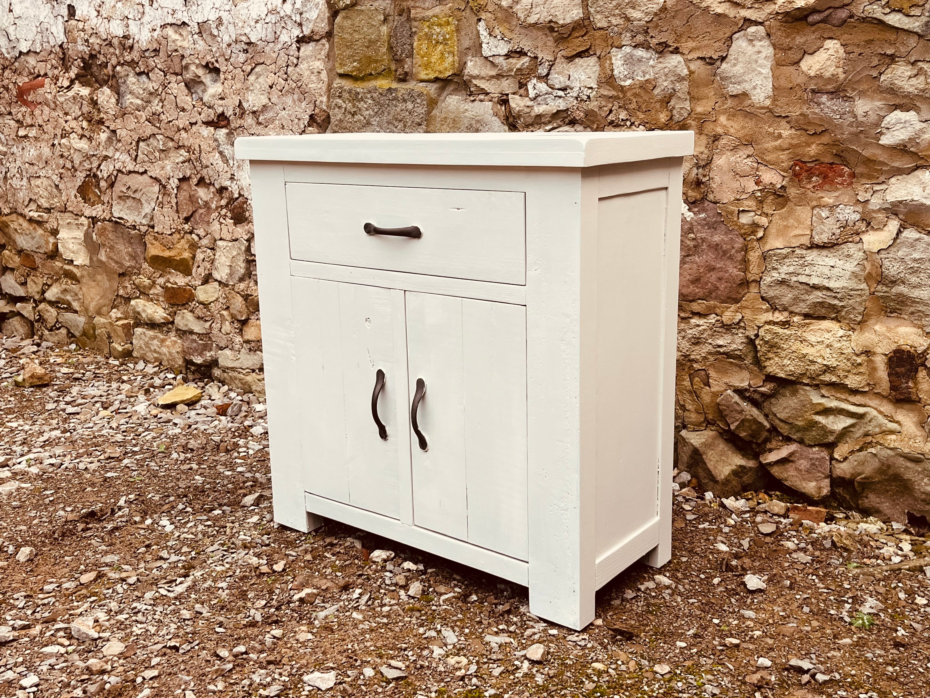 Rustic Cream Painted Solid Wood Cabinet – Farmhouse Cupboard with Drawer