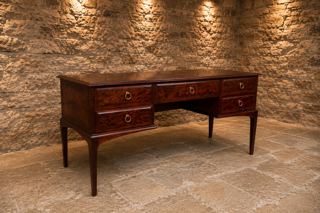 Traditional Burr Veneer Partner Style Office Desk | Executive Six Drawer Writing Desk