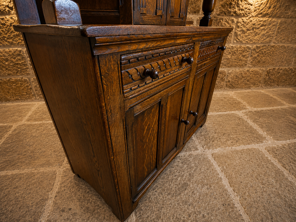 Vintage Carved Oak Jacobean Revival Dresser Base with Raised Back