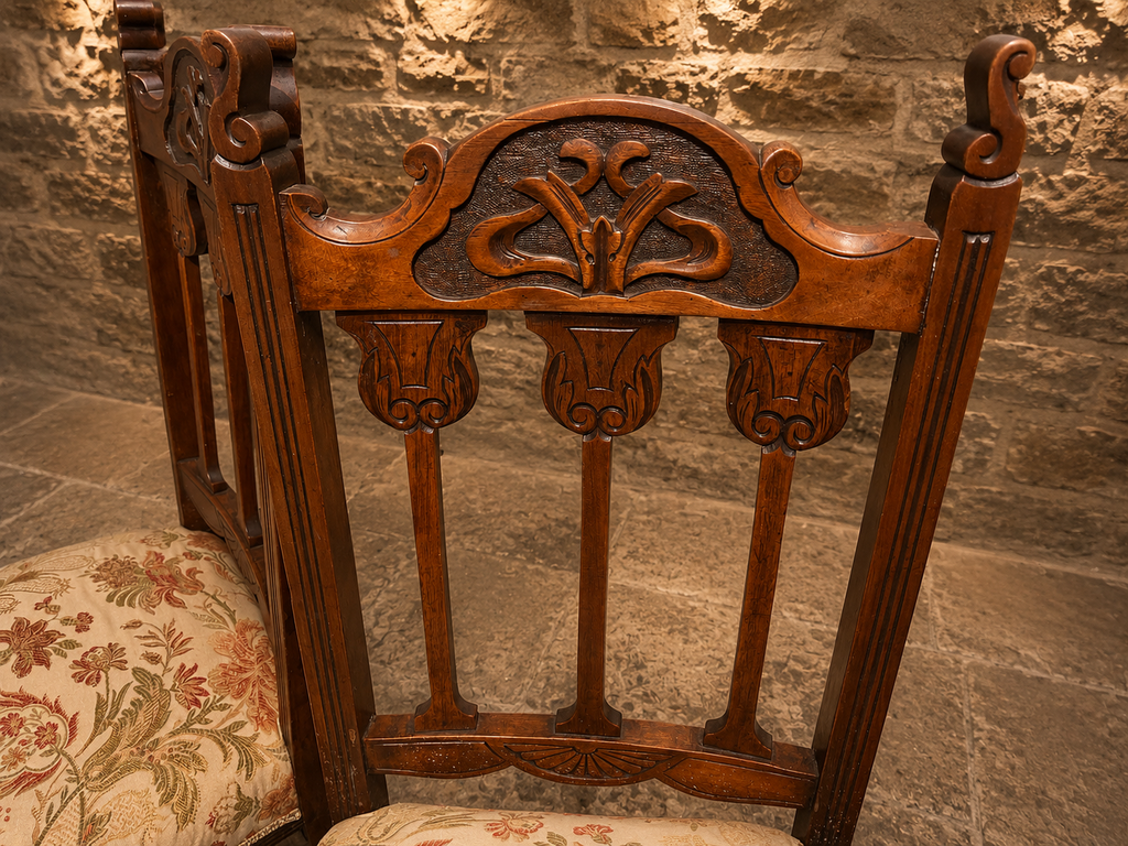 Antique Set of 4 Late Victorian Carved Dining Chairs | Ornate Upholstered High Back Chairs
