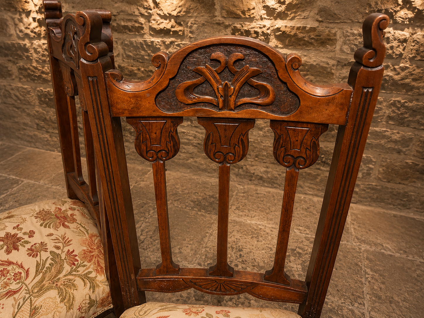 Antique Set of 4 Late Victorian Carved Dining Chairs | Ornate Upholstered High Back Chairs