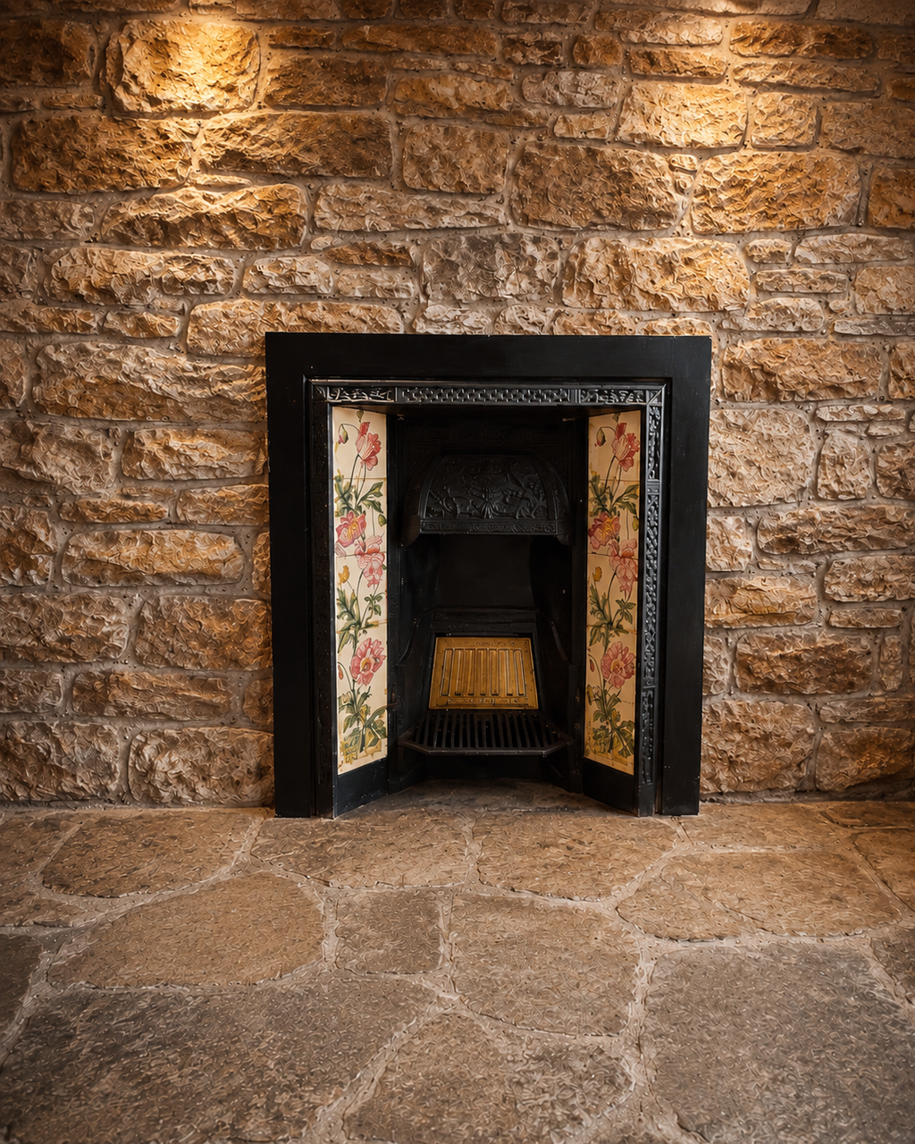 Antique Victorian Cast Iron Fireplace Insert with Original Art Nouveau Floral Tiles | Edwardian Fireplace | Circa 1900