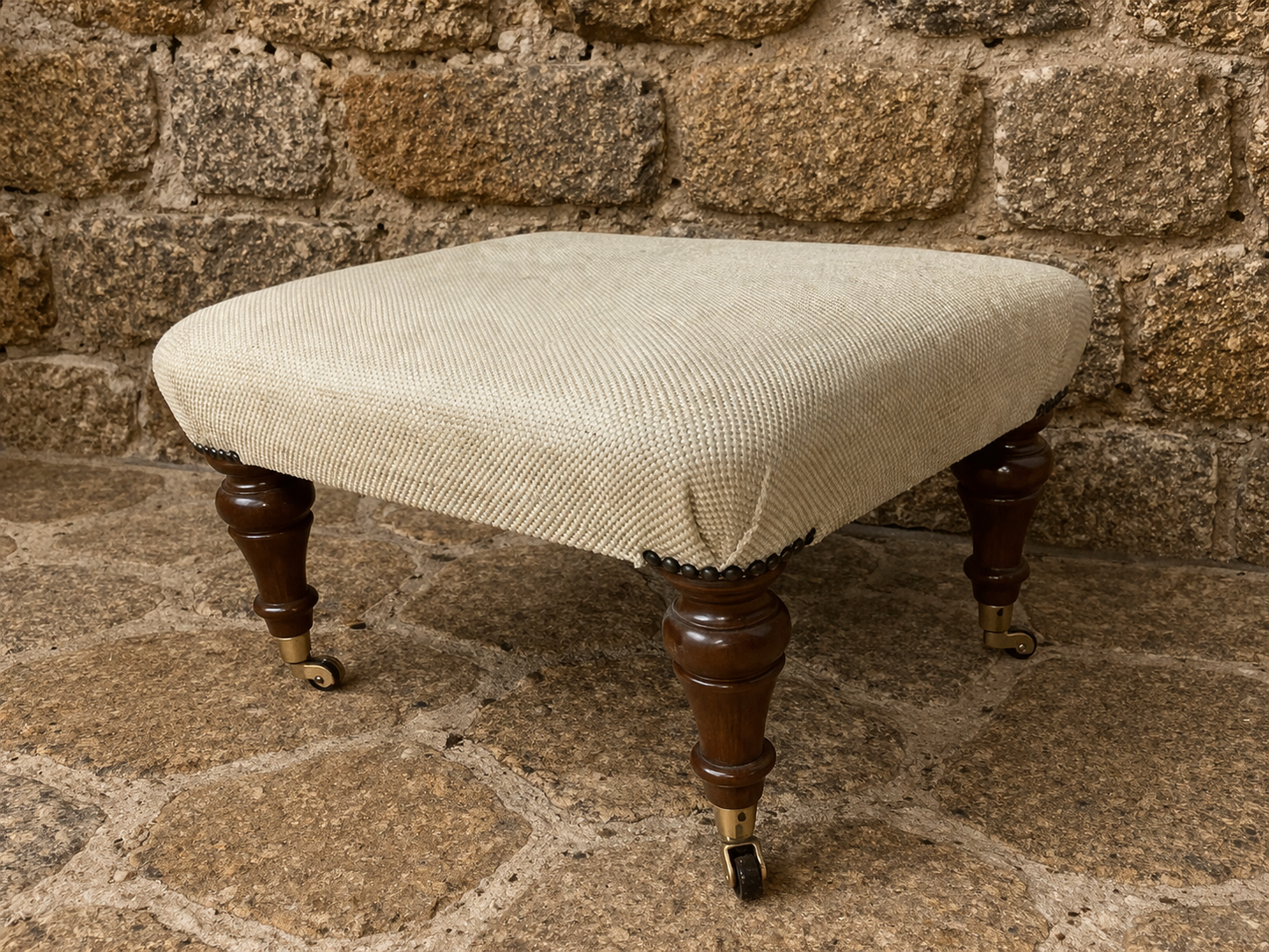Victorian Upholstered Footstool with Castors – Antique Ottoman Stool, Turned Wood Legs, Neutral Fabric