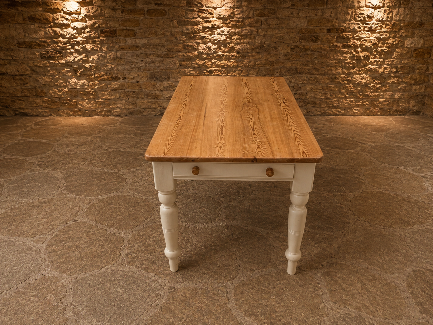 Vintage Pine Farmhouse Dining Table with Drawer – Painted Country Kitchen Table