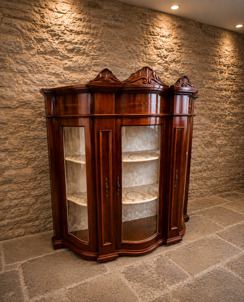 Antique Edwardian Inlaid Mahogany Bow Front Display Cabinet | Satinwood Inlaid China Cabinet | Circa 1905