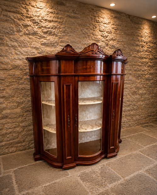 Antique Edwardian Inlaid Mahogany Bow Front Display Cabinet | Satinwood Inlaid China Cabinet | Circa 1905