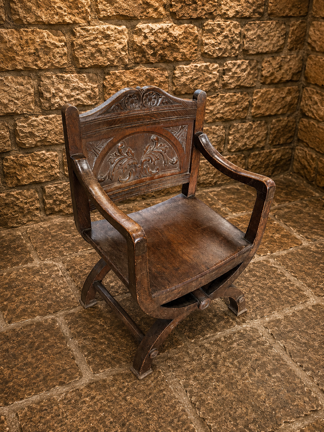 Antique Carved Oak Savonarola Style Gothic Revival Armchair