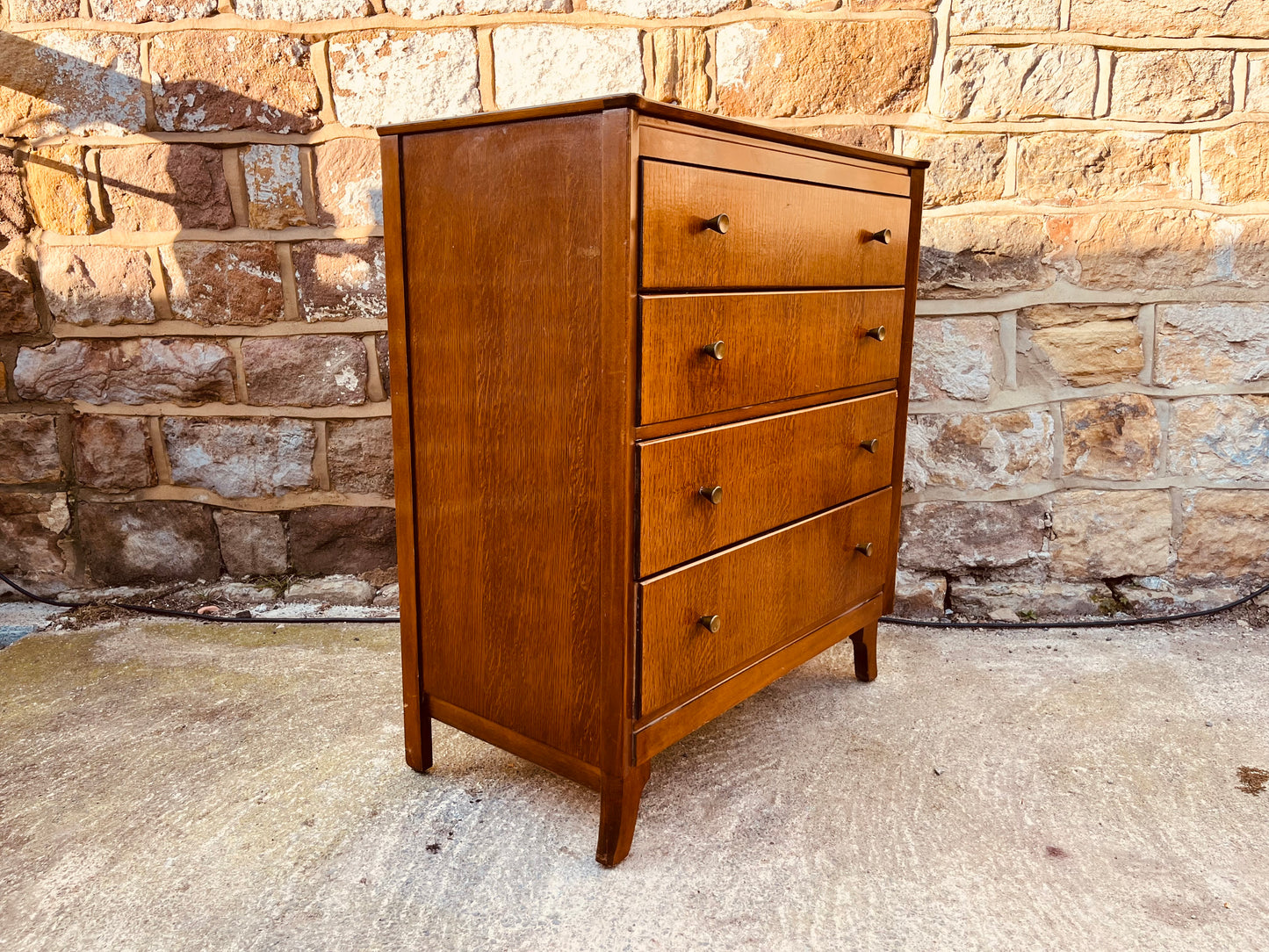 Mid Century Oak Chest of Drawers – Vintage 4 Drawer Dresser – Tiger Oak Veneer Bedroom Storage – 1960s British Furniture