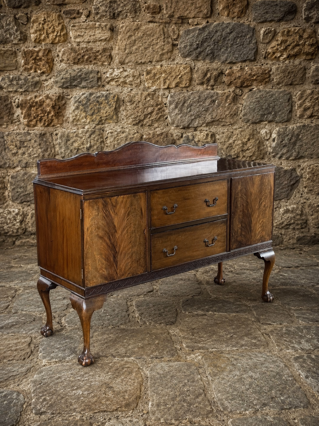 Antique Georgian Revival Mahogany Sideboard – Flame Mahogany Serving Cabinet