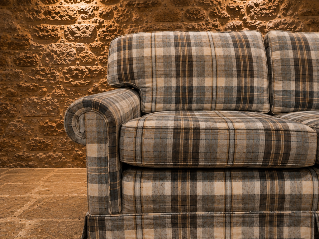 Vintage English Country House Tartan Three Seater Sofa – Traditional Roll Arm Sofa