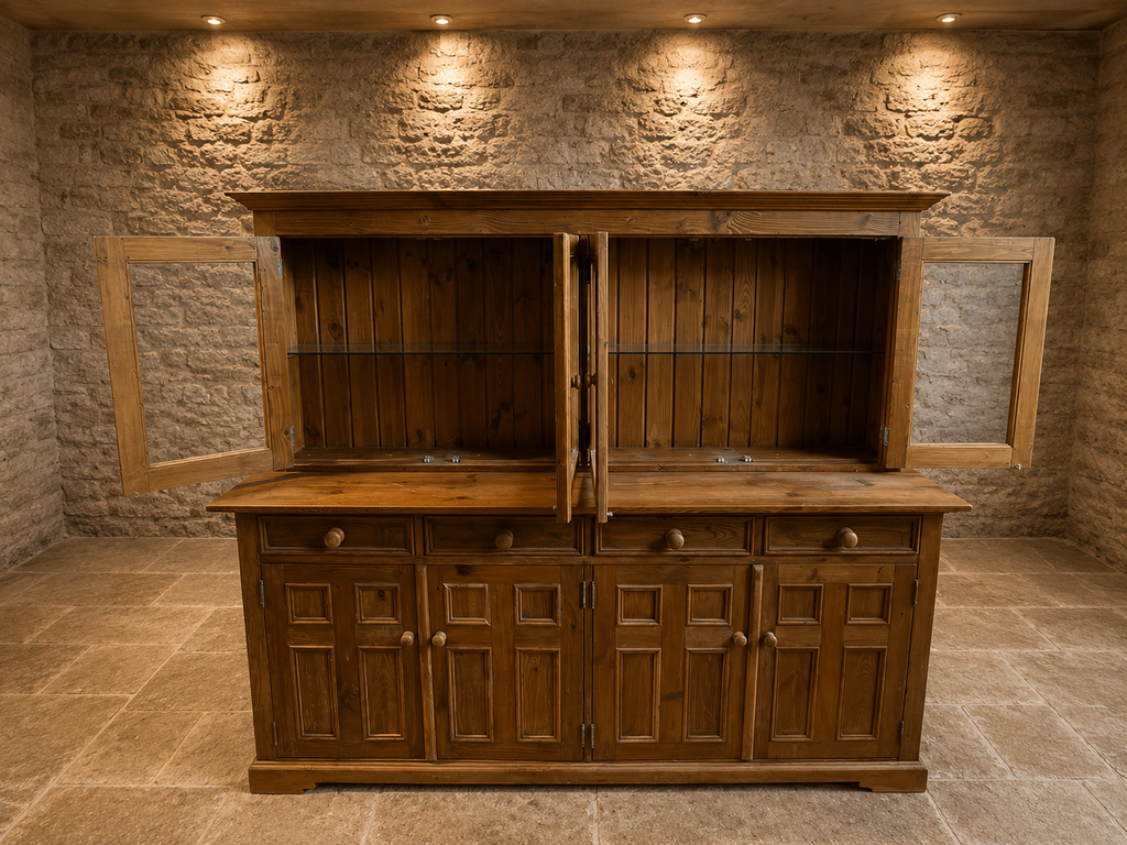 Large Solid Pine Farmhouse Dresser | Rustic Welsh Dresser | Glazed Display Cabinet