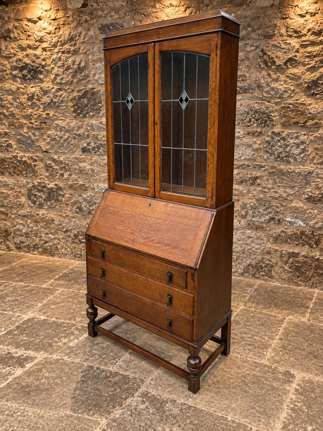 Antique Oak Bureau Bookcase with Leaded Glass Doors – c.1920