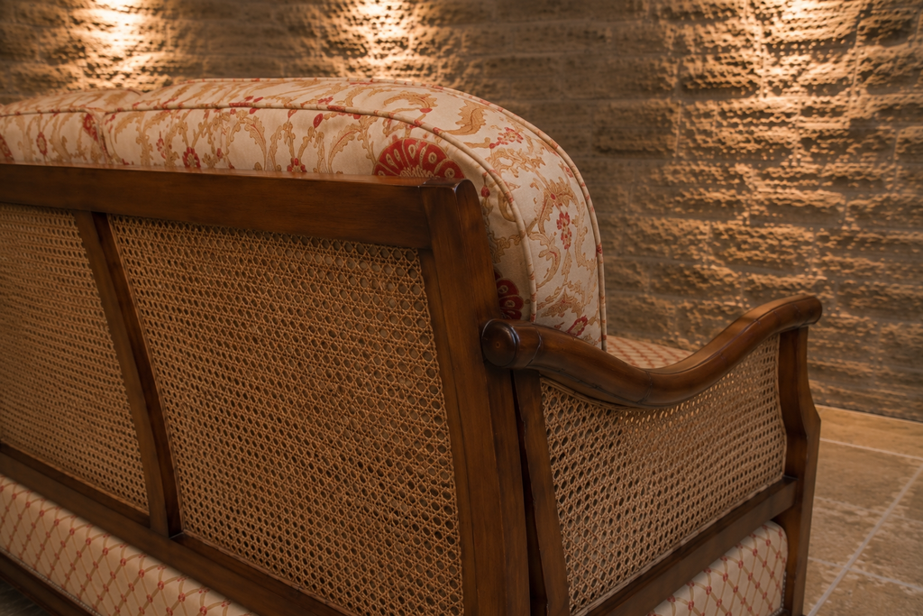 Edwardian Mahogany Bergère Three Seat Sofa | Antique Cane Back Upholstered Settee | English c.1905–1915