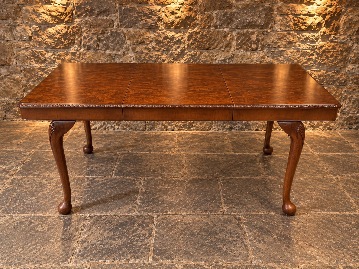 Antique Burr Walnut Queen Anne Revival Extending Dining Table – c.1930