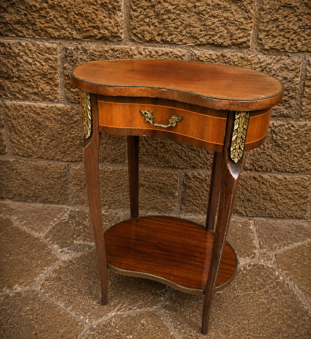 French Louis XVI Style Oval Side Table | Inlaid Lamp Table with Brass Ormolu Mounts
