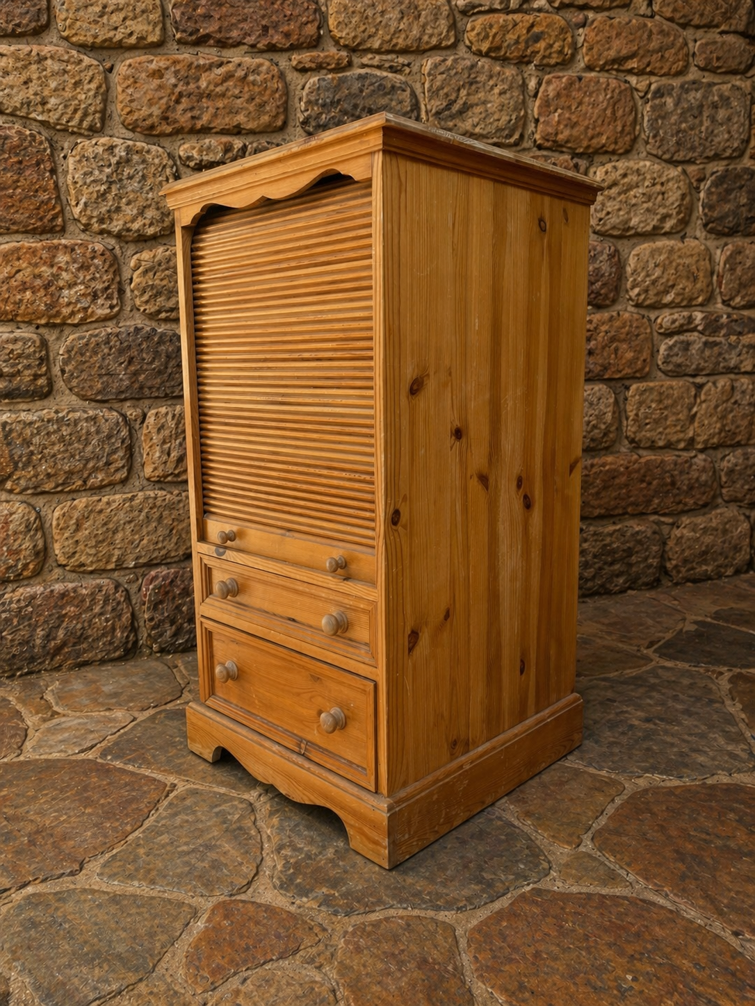 Rustic Pine Tambour Door Cabinet – Country Cottage Storage Unit with Drawers