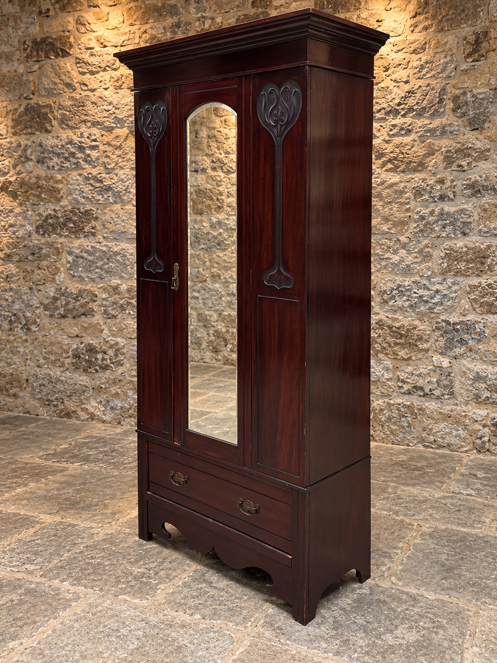 Antique Edwardian Art Nouveau Mahogany Mirrored Wardrobe – c.1900