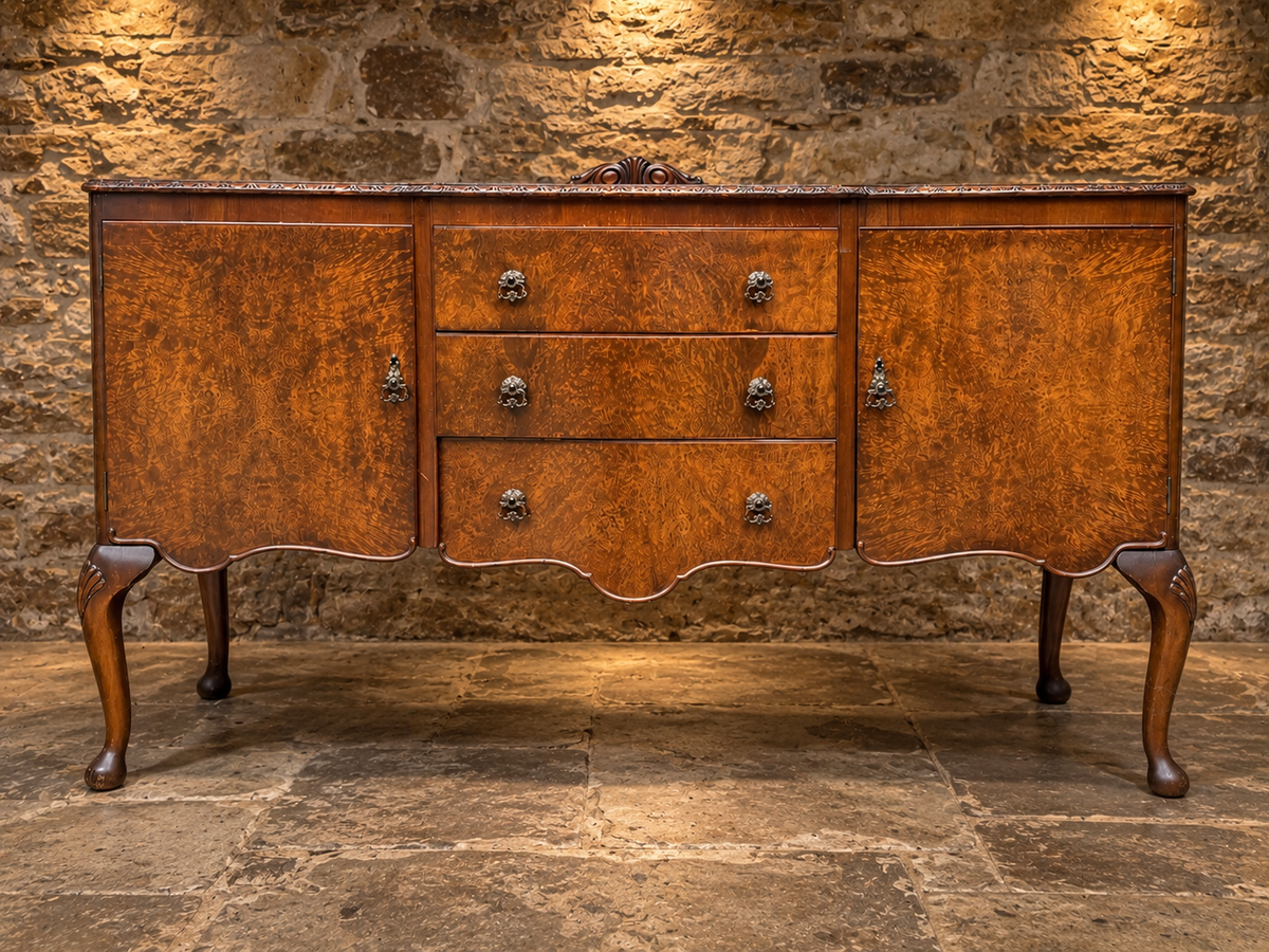Antique Burr Walnut Queen Anne Revival Sideboard – c.1930