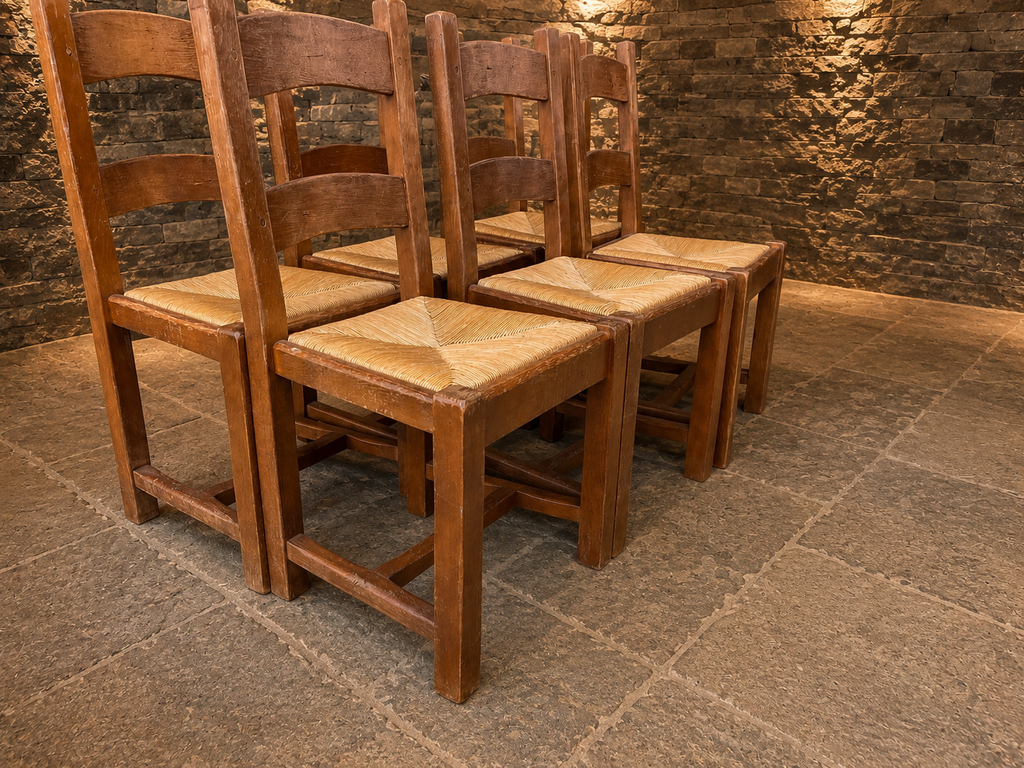 Set of 6 Vintage Rustic Ladder Back Dining Chairs with Woven Rush Seats