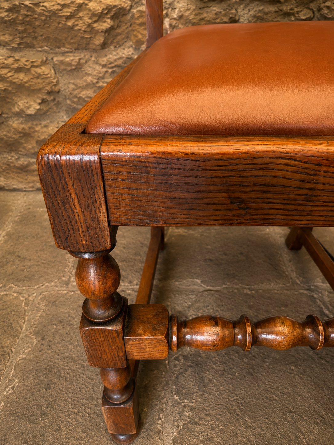 Antique 1842 Victorian Oak Dining Chairs – Set of Four with Tan Leather Upholstery