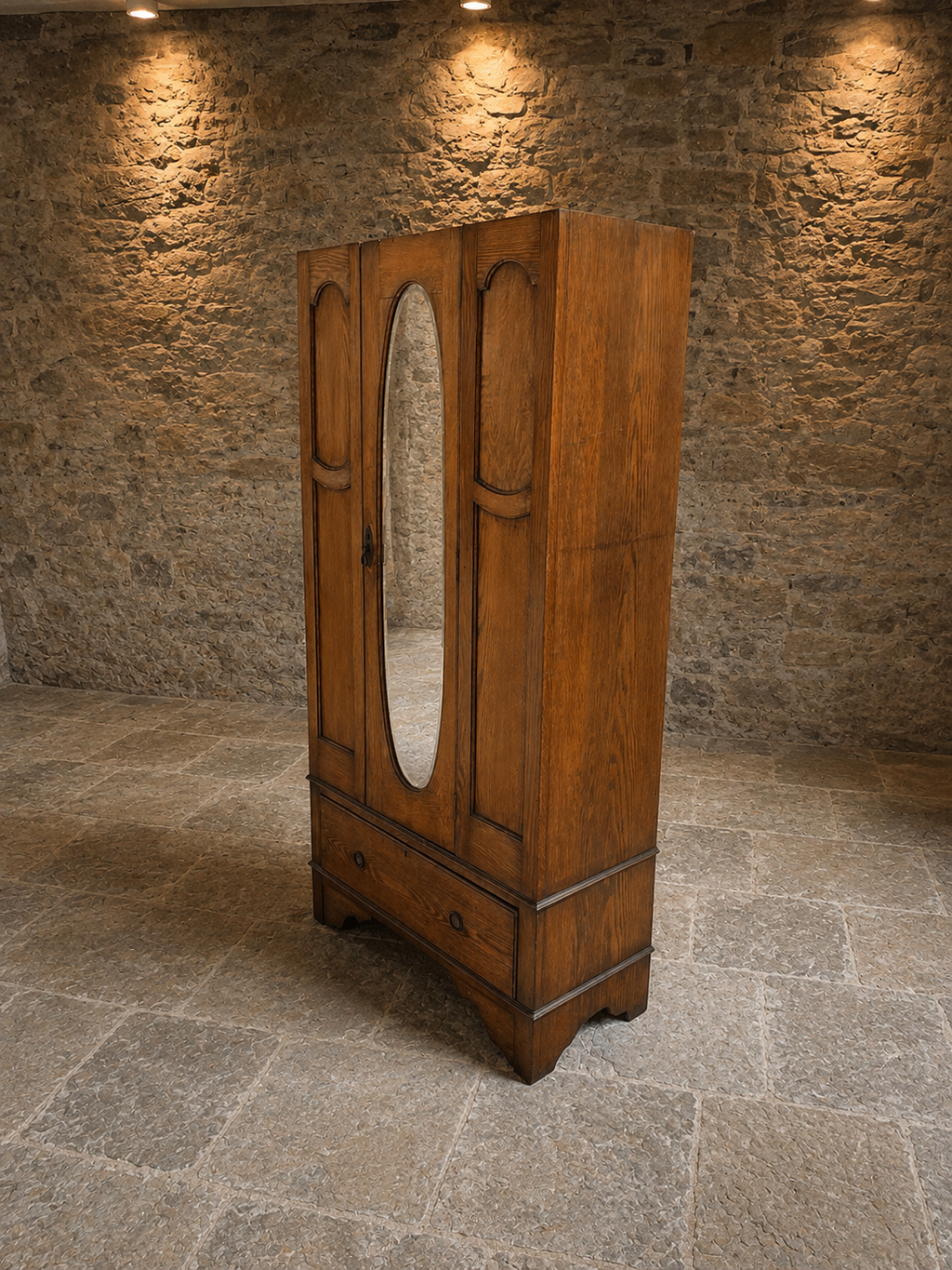 Antique Edwardian Oak Mirrored Wardrobe – c.1900–1915