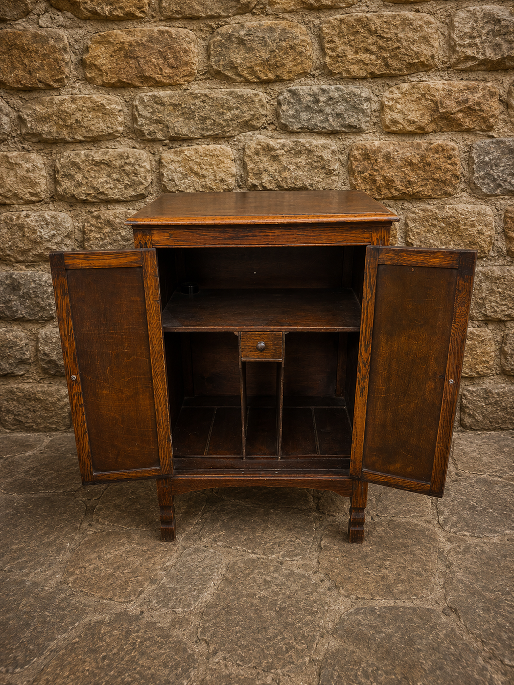 Antique Oak Smokers Cabinet – Arts & Crafts Jacobean Revival Storage Cabinet