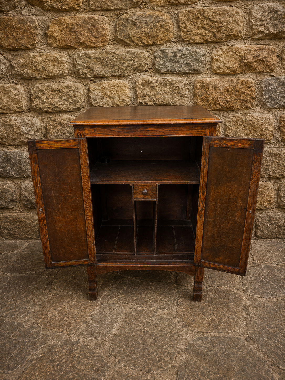 Antique Oak Smokers Cabinet – Arts & Crafts Jacobean Revival Storage Cabinet