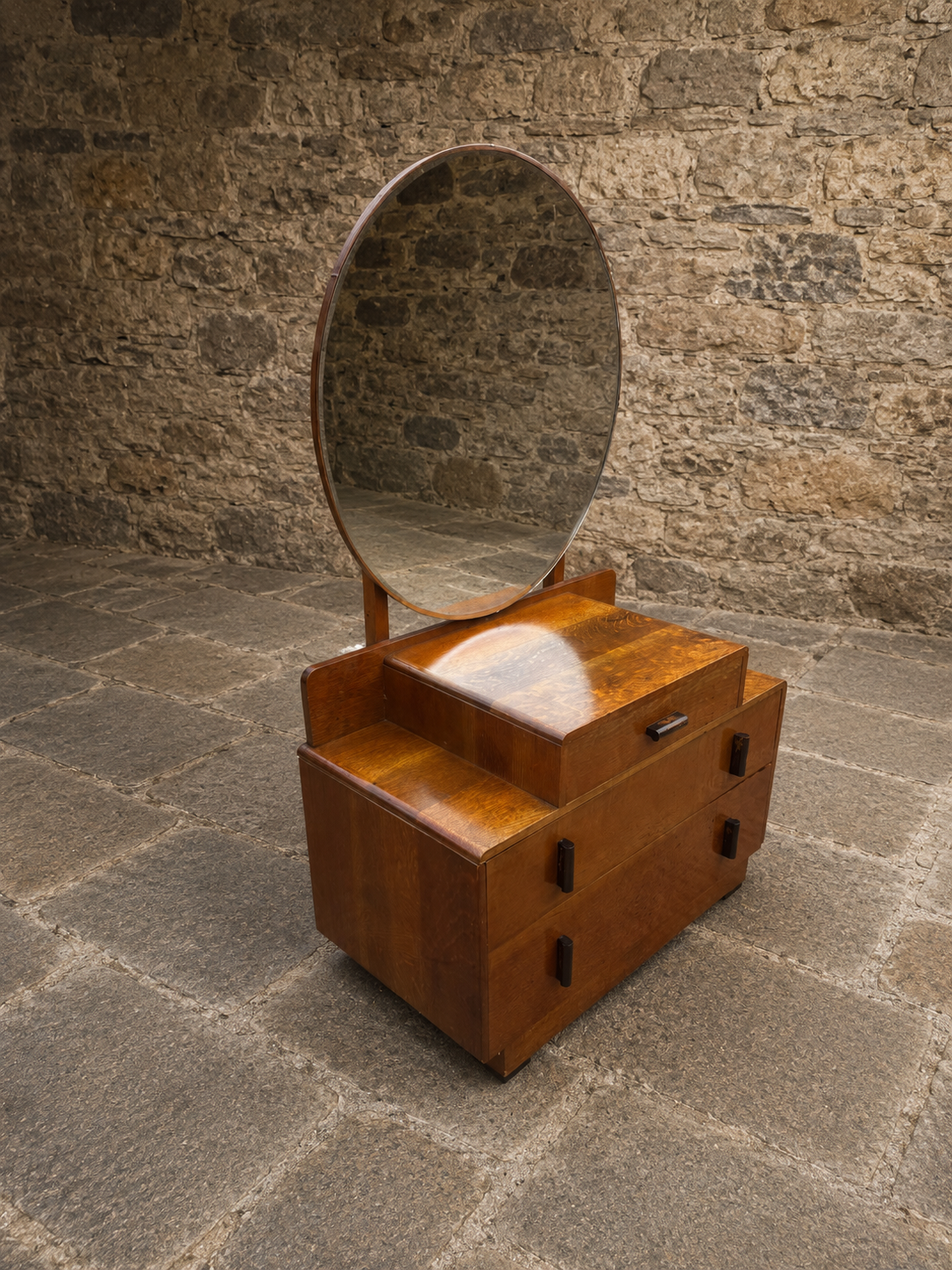Art Deco Oak Dressing Table with Oval Mirror | Antique 1930s Vanity Chest