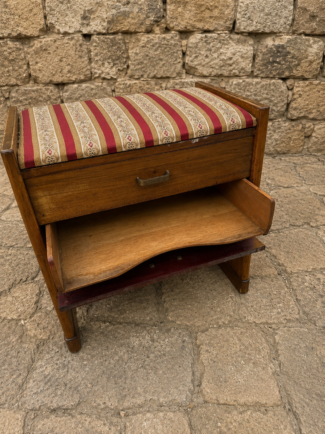Mid Century Teak Sewing Cabinet Stool – Vintage Storage Seat with Drawers & Pull-Out Shelf