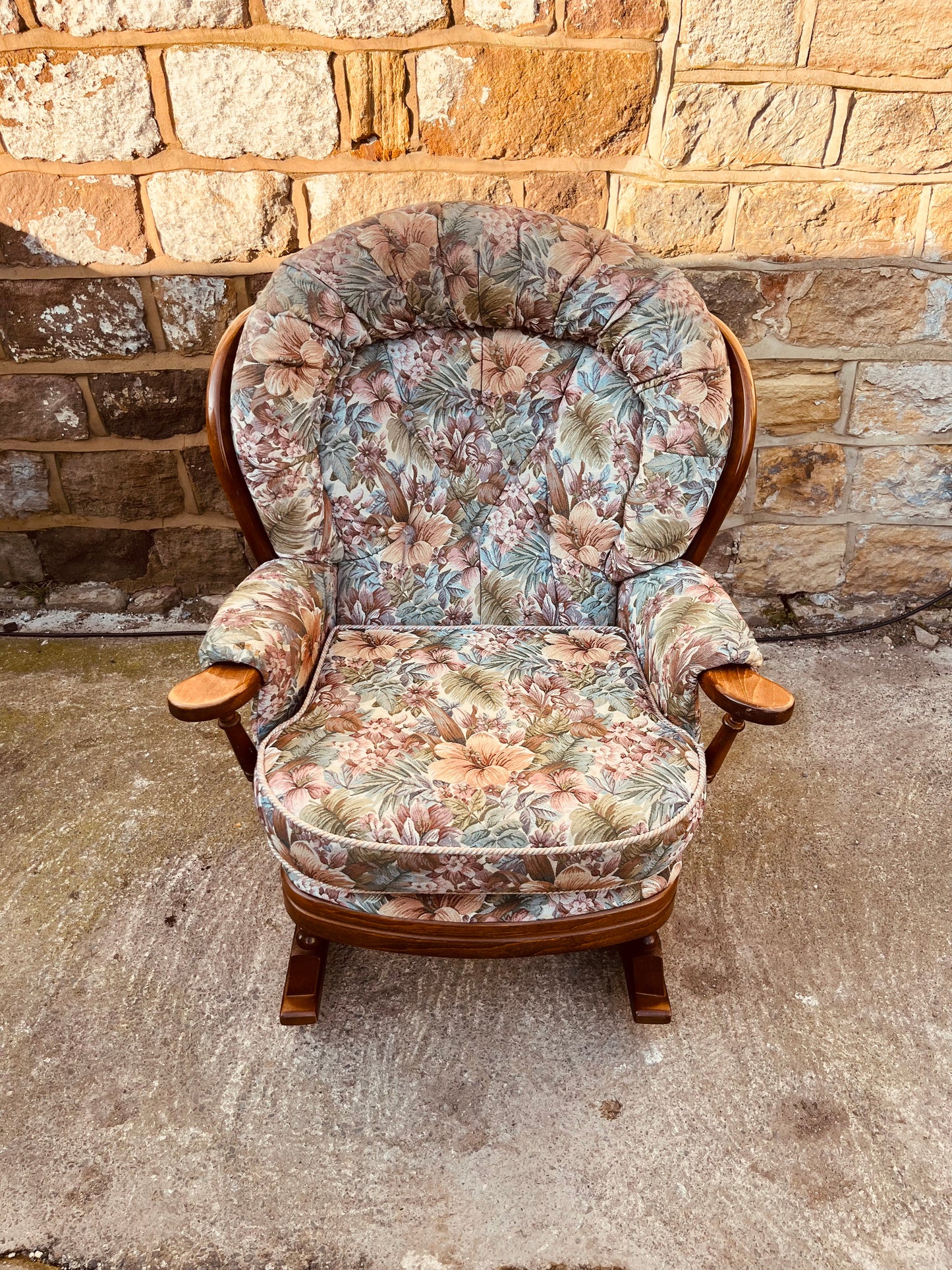 Vintage Upholstered Rocking Armchair – Floral Tapestry Wooden Rocker