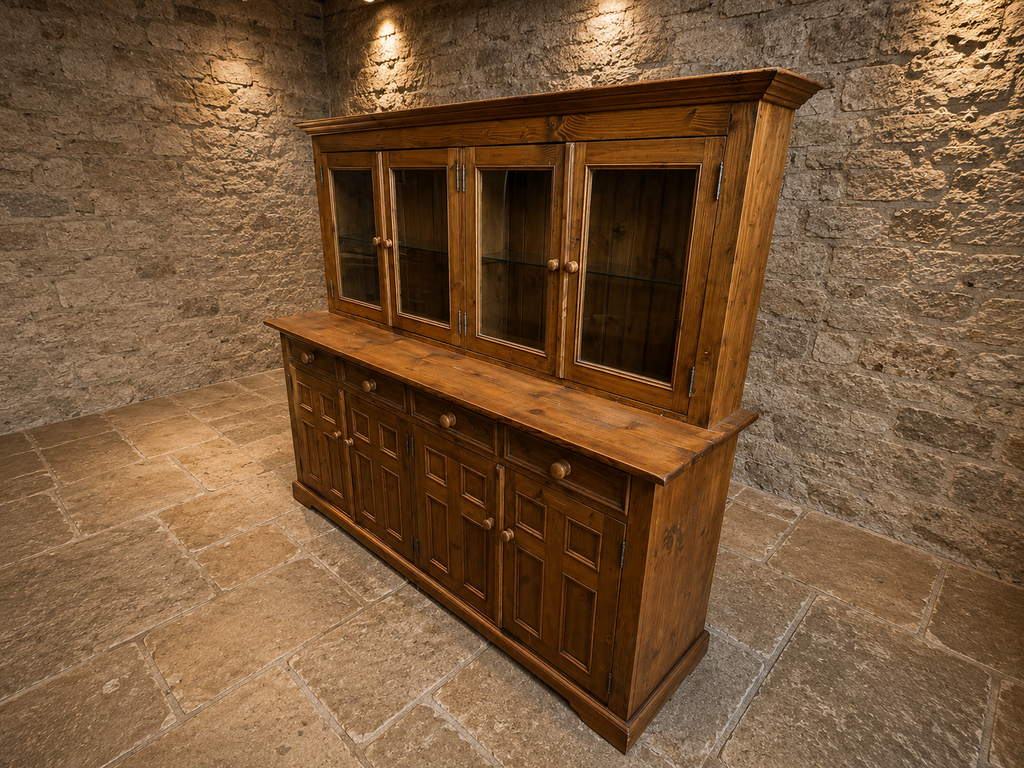 Large Solid Pine Farmhouse Dresser | Rustic Welsh Dresser | Glazed Display Cabinet