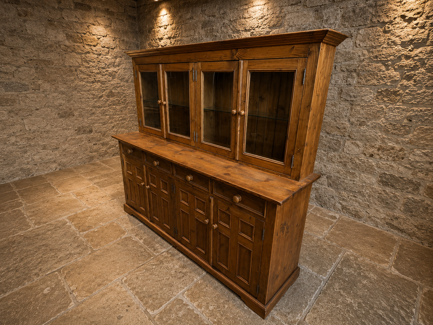 Large Solid Pine Farmhouse Dresser | Rustic Welsh Dresser | Glazed Display Cabinet