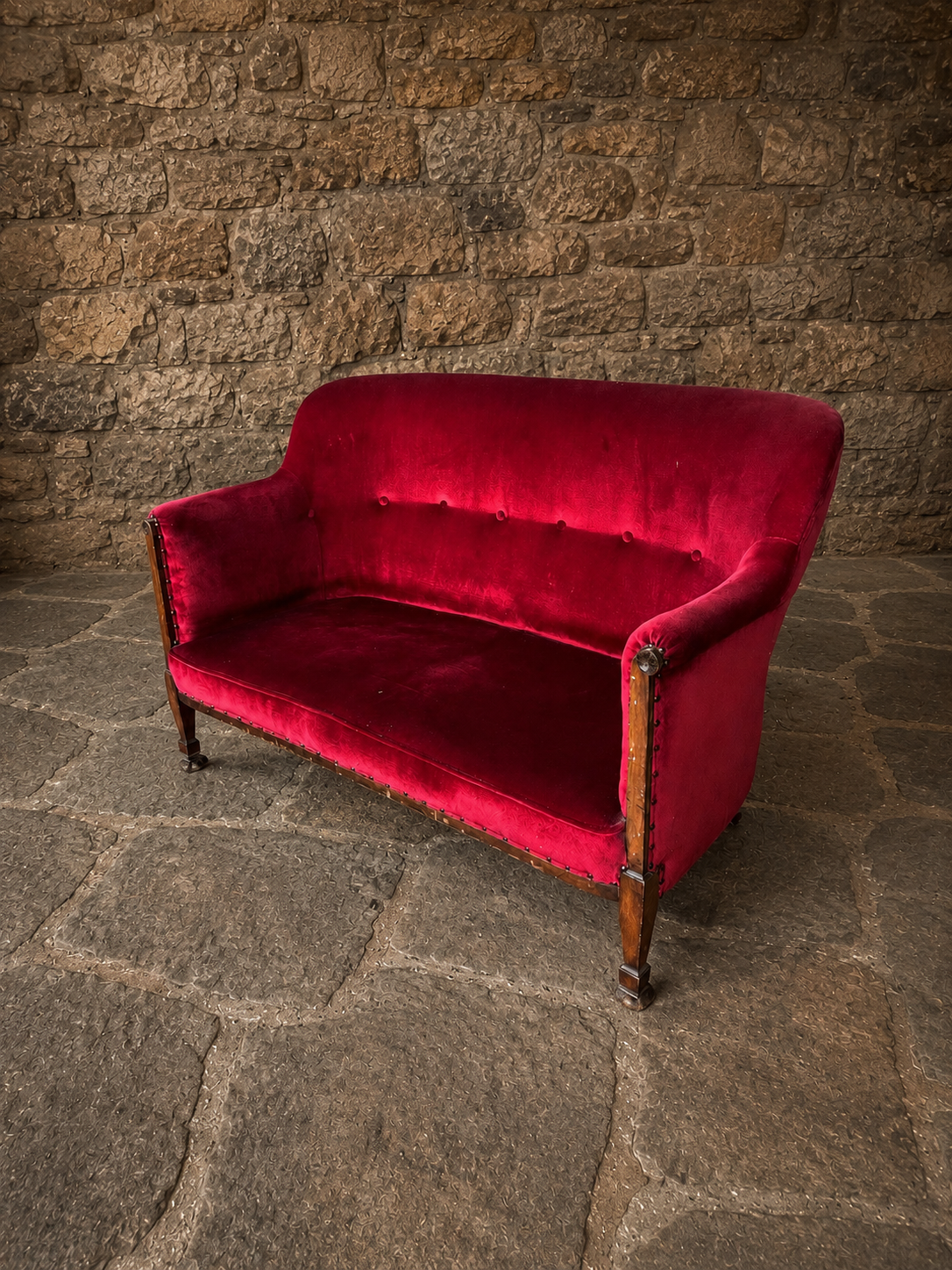Antique Edwardian Burgundy Velvet Sofa c1920