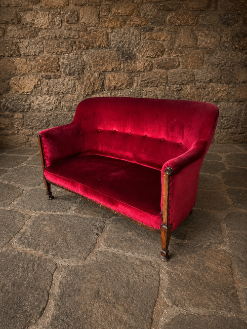 Antique Edwardian Burgundy Velvet Sofa c1920