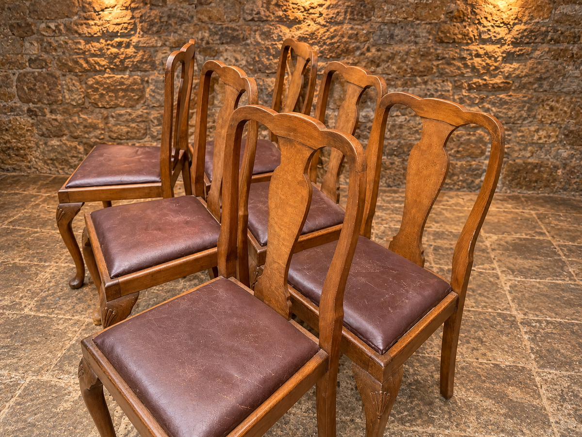 Set of Six Antique Queen Anne Style Walnut Dining Chairs – c.1930