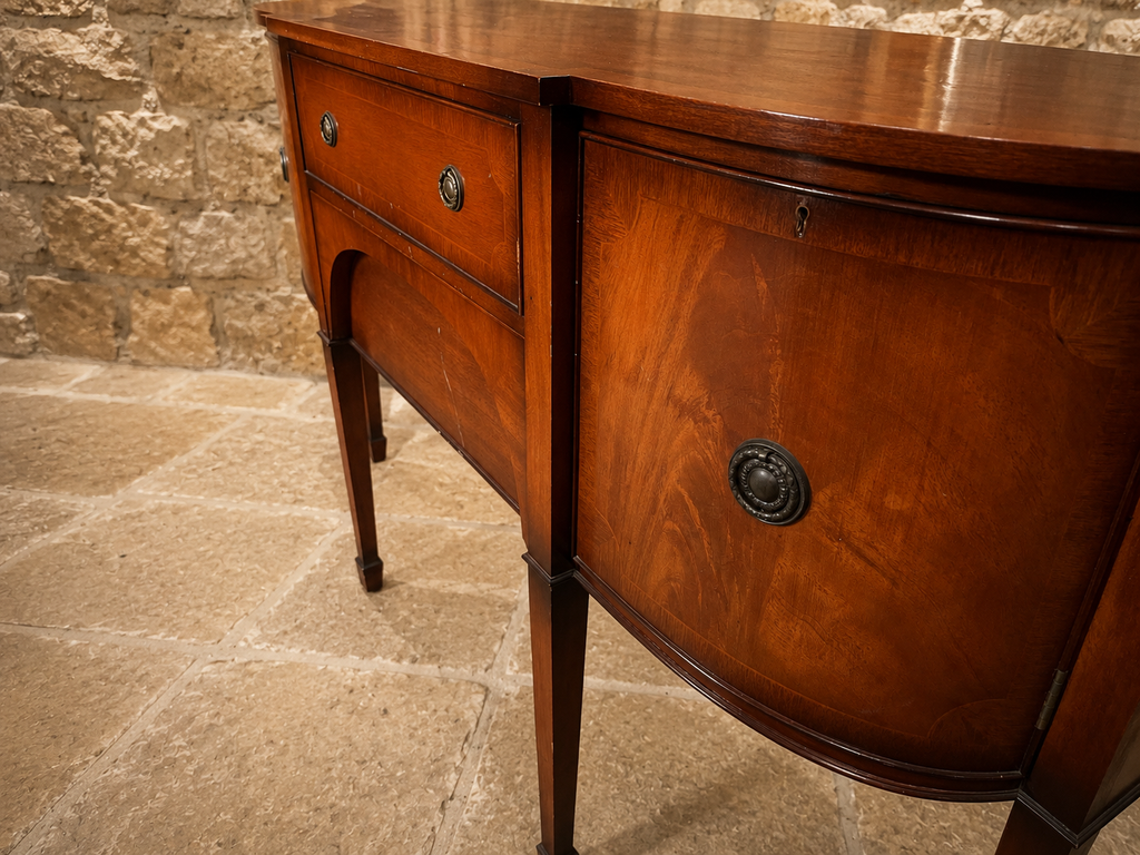 George III Style Figured Mahogany Serpentine Sideboard | Edwardian Antique Revival Buffet Cabinet