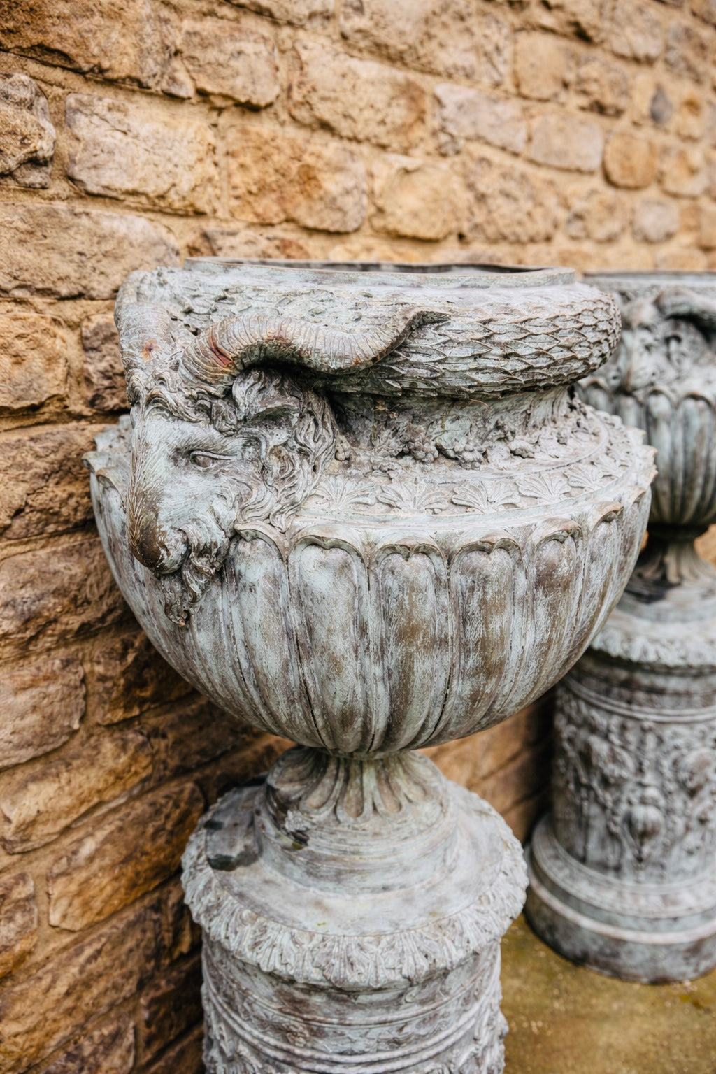 Pair of Large Bronze Neoclassical Garden Urns with Rams Head Detail – Verdigris Patina