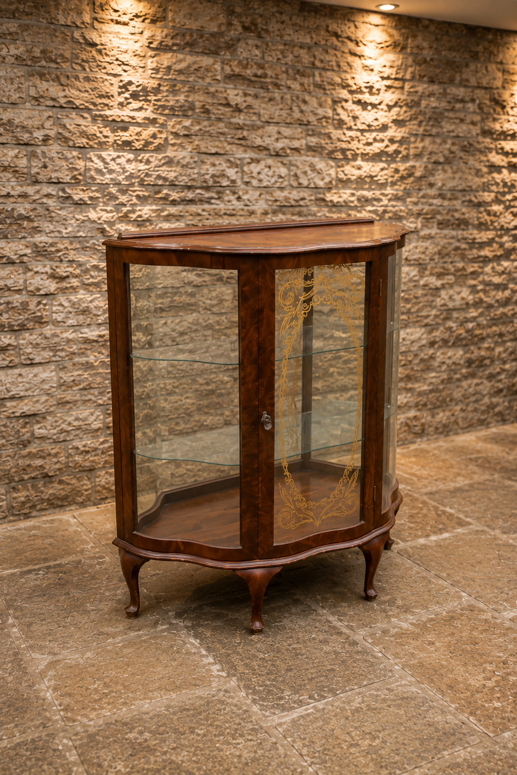 Edwardian Bow Front Walnut Display Cabinet | Antique Curved Glass Curio Cabinet | Circa 1905–1915