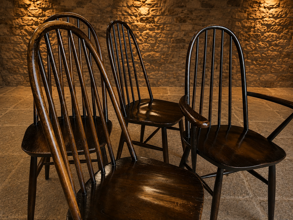 Set of 4 Genuine Ercol Windsor Dining Chairs – 3 Side Chairs & 1 Carver – Dark Windsor Finish