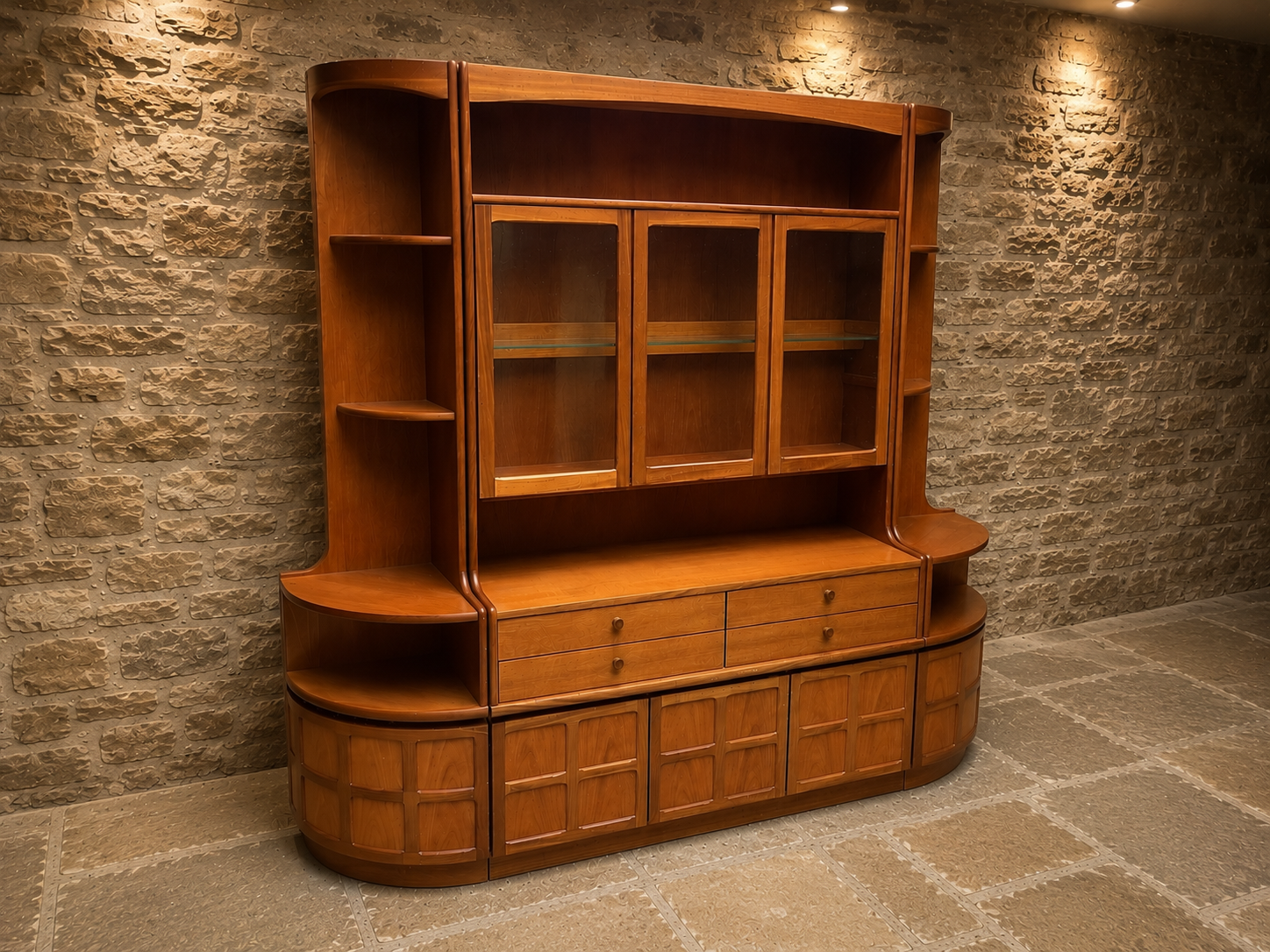 Large Mid Century Modern Teak Wall Unit | Scandinavian Display Cabinet, Bookcase & Sideboard | Circa 1965–1975