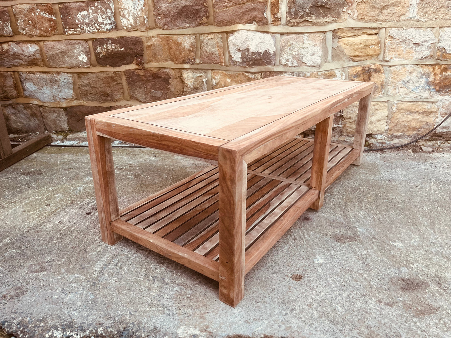 Large Solid Hardwood Coffee Table | Rustic Modern Acacia Table | Wooden Coffee Table with Slatted Shelf